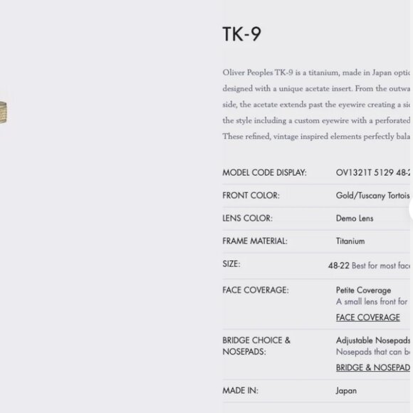 OLIVER PEOPLES TK-9 OPTICAL OV1321T in Gold/ Tuscany Tortoise MSRP$690 - Picture 4 of 13